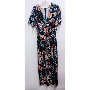 Hazel‎ Blues BOHO Maxi Dress Womens 1X Blue Floral Faux Wrap Short Sleeve Slit